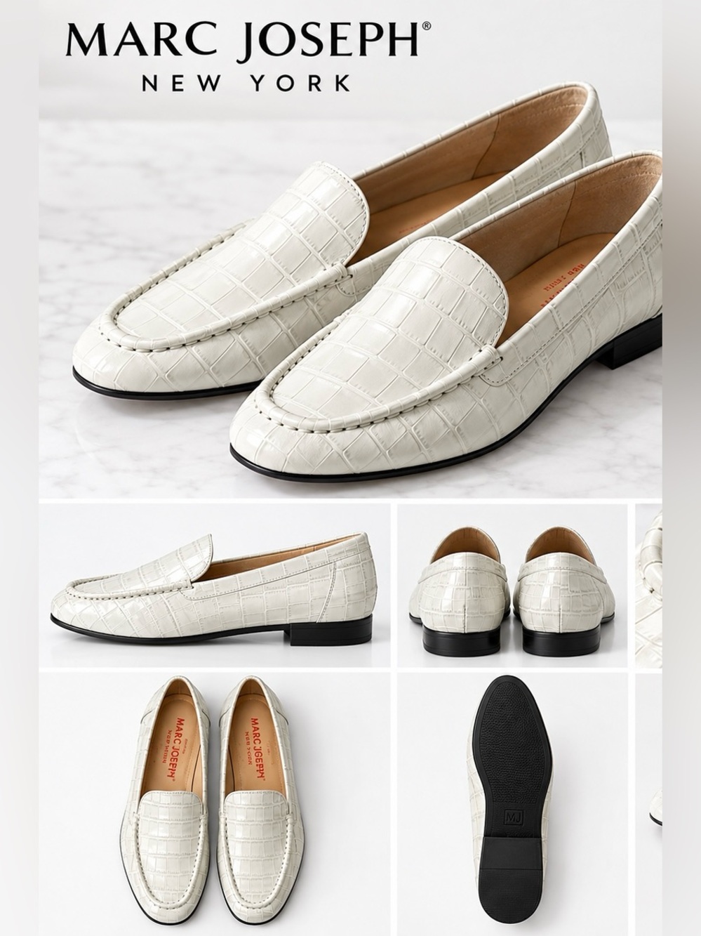 Marc Joseph New York Women's White Croc Embossed Leather Loafers Sz 6 NEW